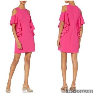 Trina Turk Lambada Cascade‎ Ruffle Cold Shoulder Mini Dress Pink 4